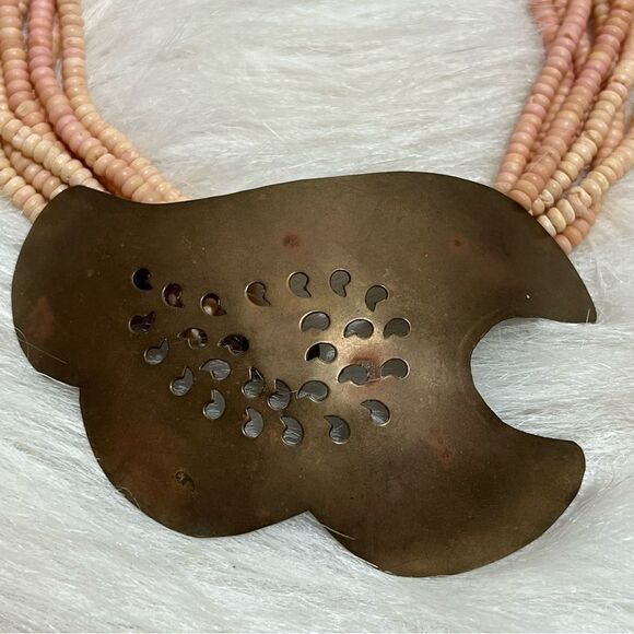Vintage Artisan Coral Shell/Aged Brass Centerpiece Necklace -- OS - Picture 4 of 11